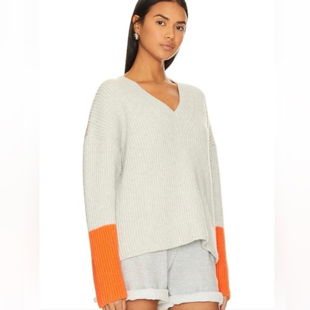Stitches + Stripes Revolve Women's V-Neck Sweater, Gray & Orange, Ribbed, Large